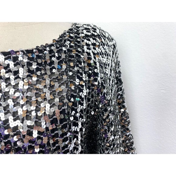 Vintage 80s Silver Sequin Blouse Med 3/4 Sleeves Cocktail Party Formal Evening - Picture 4 of 10